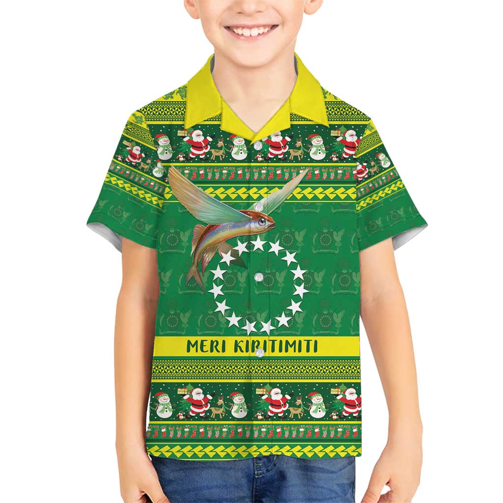 Meri Kiritimiti Cook Islands Christmas Family Matching Puletasi and Hawaiian Shirt Maroro Flying Fish and White Stars LT9 Son's Shirt Green - Polynesian Pride