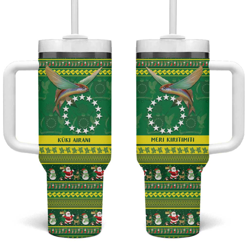 Meri Kiritimiti Cook Islands Christmas Tumbler With Handle Maroro Flying Fish and White Stars