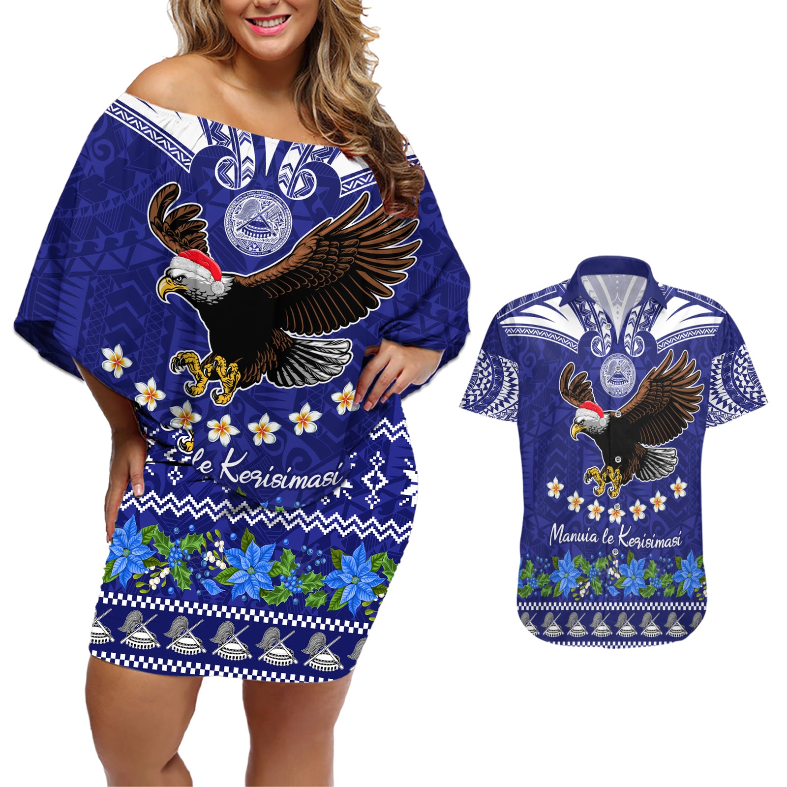 American Samoa Christmas Couples Matching Off Shoulder Short Dress and Hawaiian Shirt Manuia le Kerisimasi Polynesian Tribal LT9 Blue - Polynesian Pride