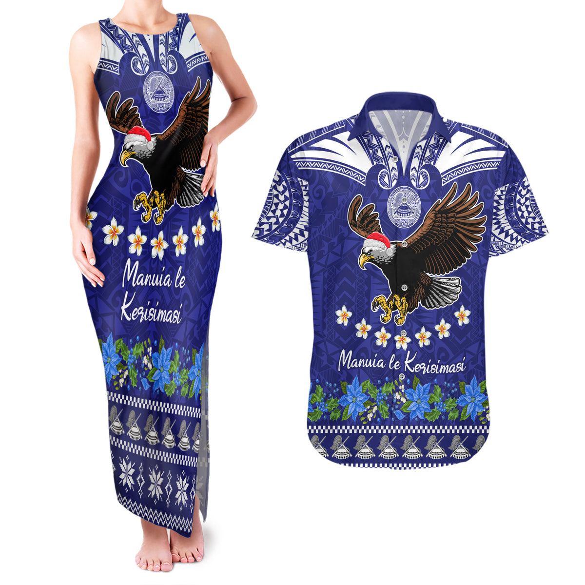 American Samoa Christmas Couples Matching Tank Maxi Dress and Hawaiian Shirt Manuia le Kerisimasi Polynesian Tribal LT9 Blue - Polynesian Pride