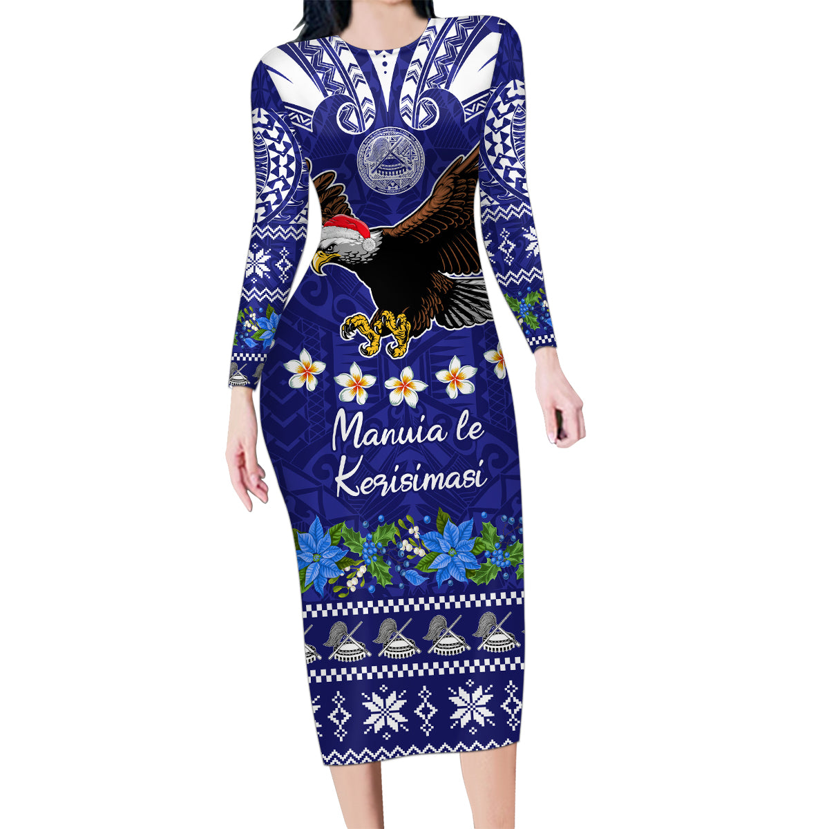 American Samoa Christmas Family Matching Long Sleeve Bodycon Dress and Hawaiian Shirt Manuia le Kerisimasi Polynesian Tribal LT9 Mom's Dress Blue - Polynesian Pride