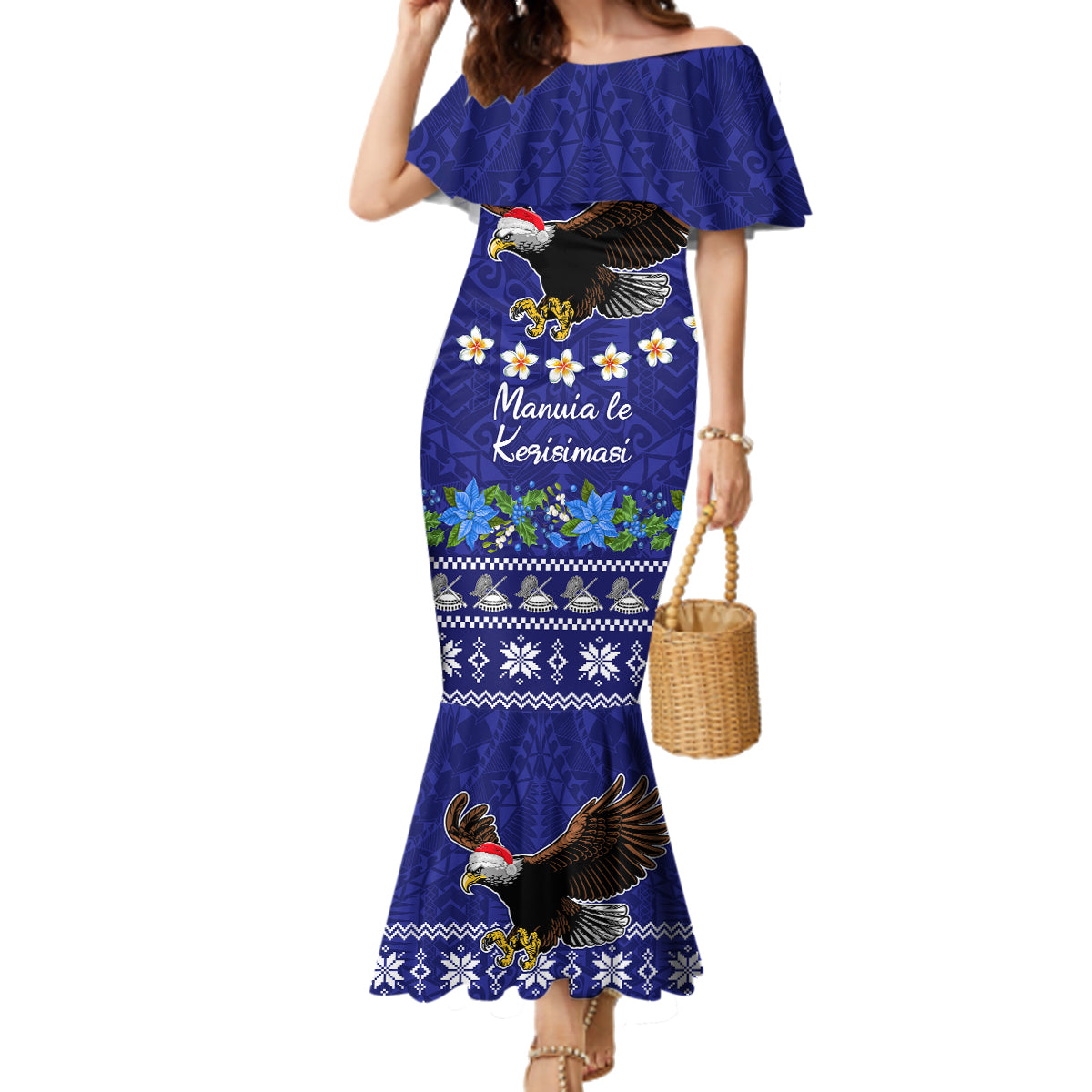 American Samoa Christmas Family Matching Mermaid Dress and Hawaiian Shirt Manuia le Kerisimasi Polynesian Tribal LT9 Mom's Dress Blue - Polynesian Pride