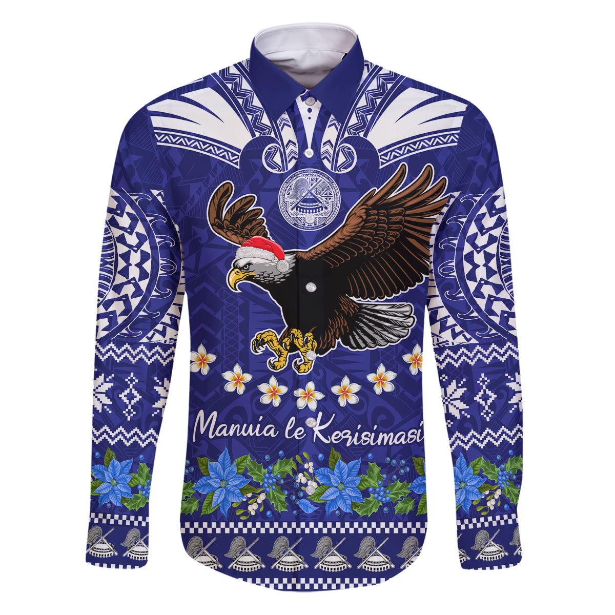American Samoa Christmas Family Matching Puletasi Dress and Hawaiian Shirt Manuia le Kerisimasi Polynesian Tribal LT9 Dad's Shirt - Long Sleeve Blue - Polynesian Pride