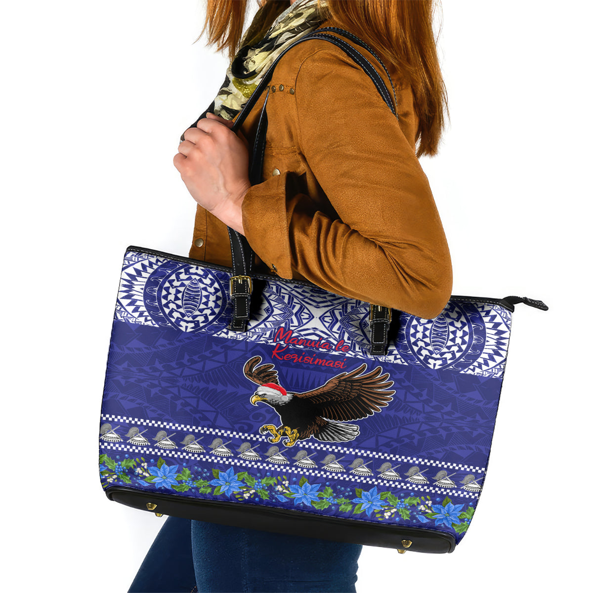 American Samoa Christmas Leather Tote Bag Manuia le Kerisimasi Polynesian Tribal LT9 Blue - Polynesian Pride