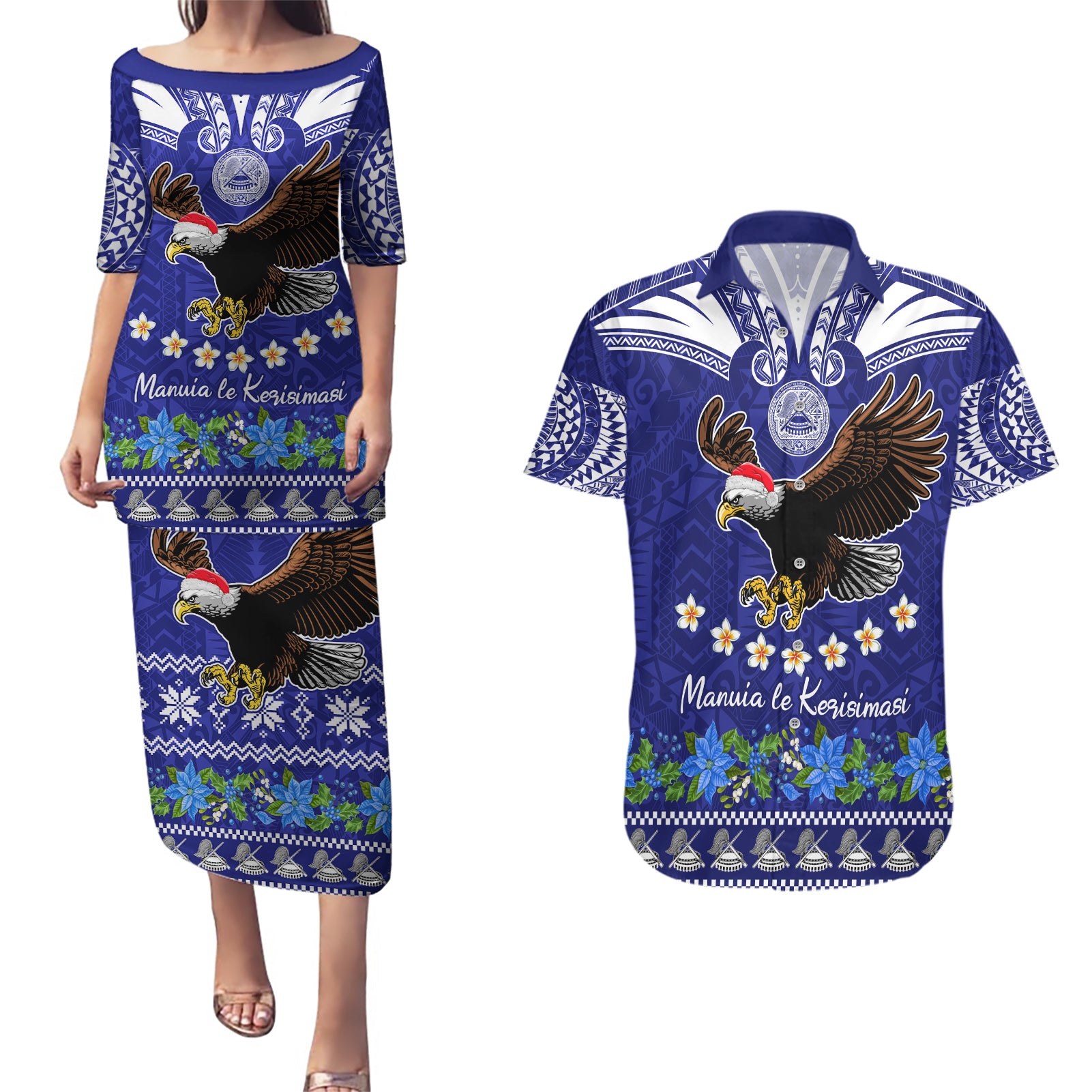 Personalised American Samoa Christmas Couples Matching Puletasi Dress and Hawaiian Shirt Manuia le Kerisimasi Polynesian Tribal LT9 Blue - Polynesian Pride