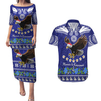 Personalised American Samoa Christmas Couples Matching Puletasi Dress and Hawaiian Shirt Manuia le Kerisimasi Polynesian Tribal LT9 Blue - Polynesian Pride
