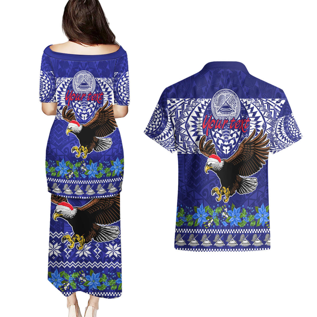 Personalised American Samoa Christmas Couples Matching Puletasi Dress and Hawaiian Shirt Manuia le Kerisimasi Polynesian Tribal LT9 - Polynesian Pride