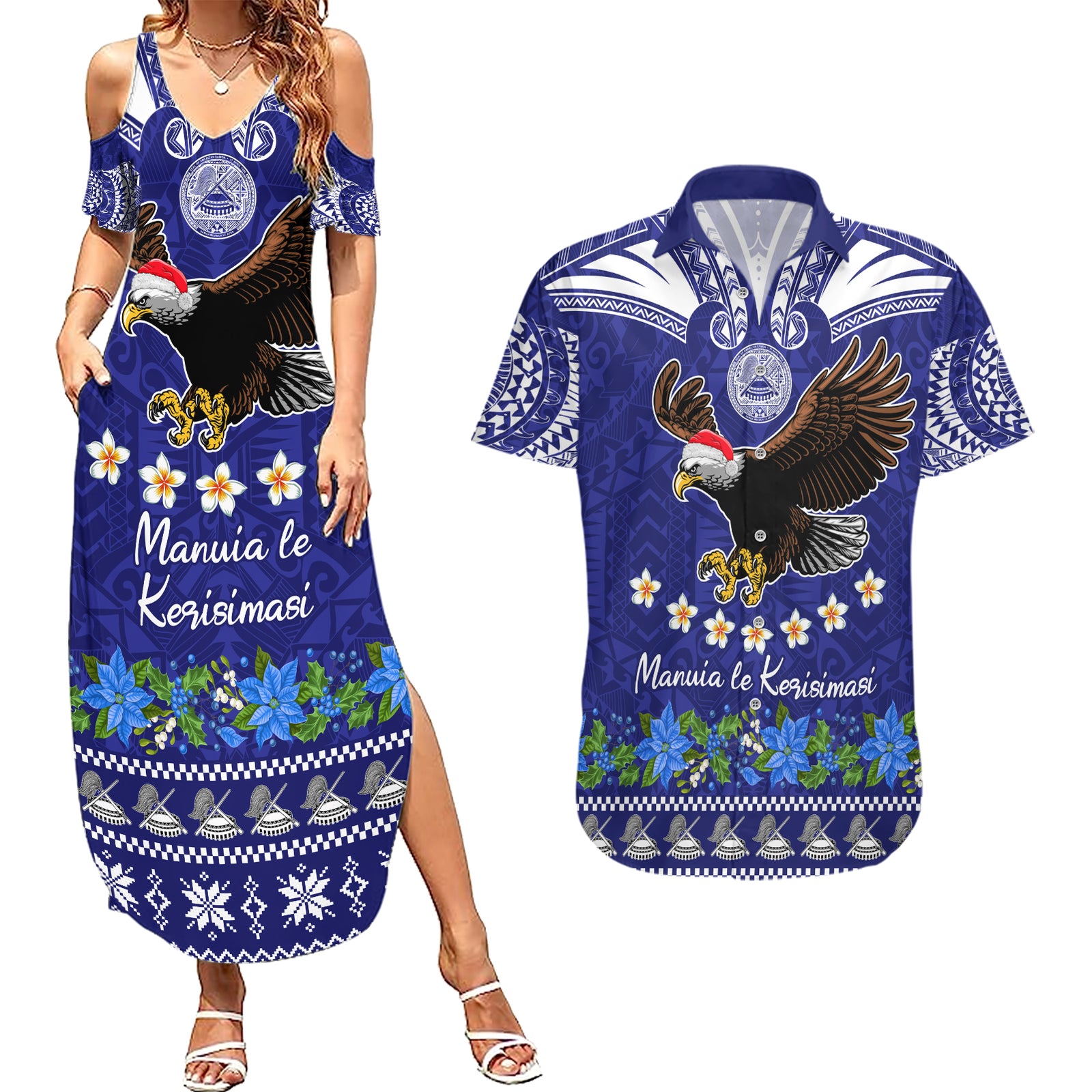 Personalised American Samoa Christmas Couples Matching Summer Maxi Dress and Hawaiian Shirt Manuia le Kerisimasi Polynesian Tribal LT9 Blue - Polynesian Pride