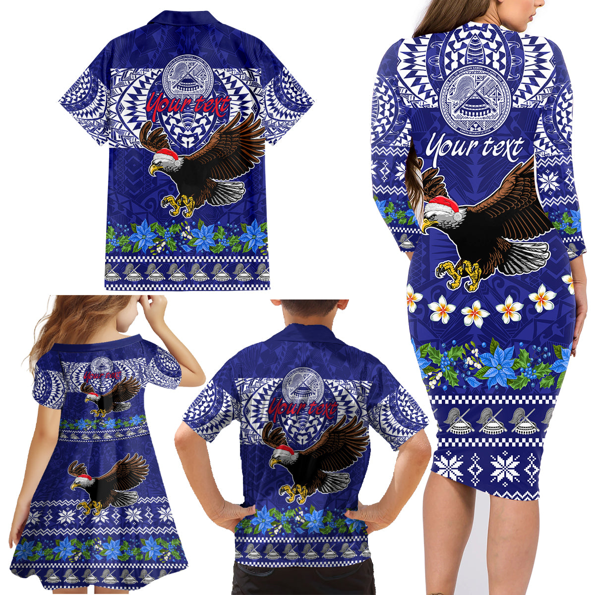 Personalised American Samoa Christmas Family Matching Long Sleeve Bodycon Dress and Hawaiian Shirt Manuia le Kerisimasi Polynesian Tribal LT9 - Polynesian Pride
