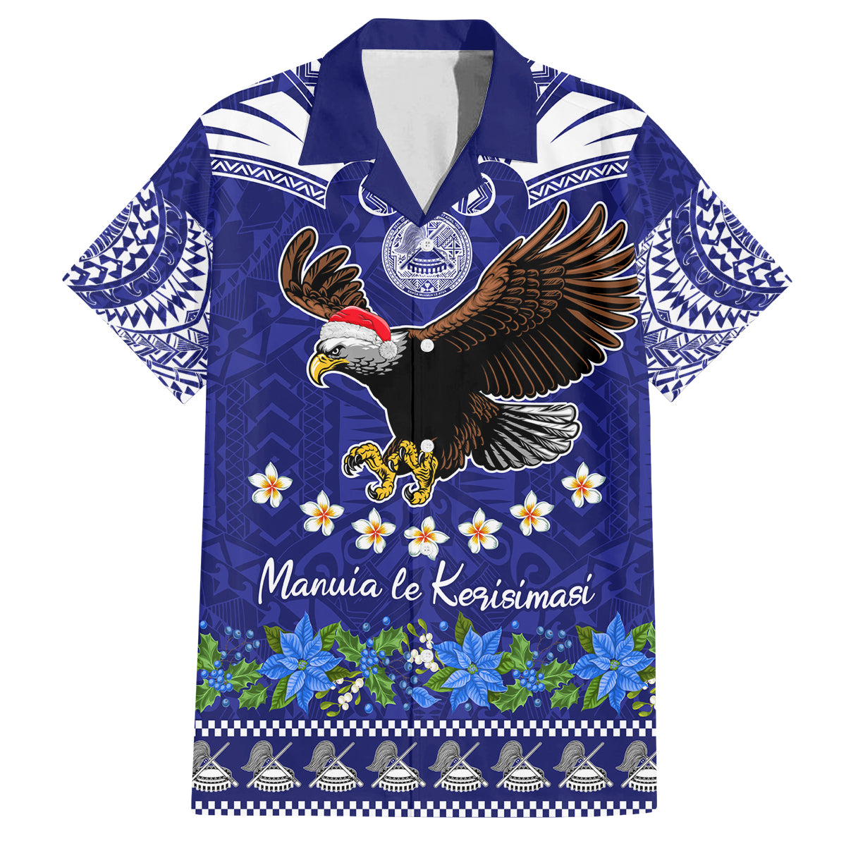 Personalised American Samoa Christmas Family Matching Long Sleeve Bodycon Dress and Hawaiian Shirt Manuia le Kerisimasi Polynesian Tribal LT9 Dad's Shirt - Short Sleeve Blue - Polynesian Pride