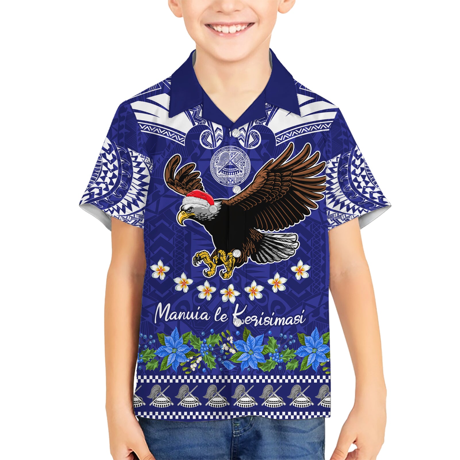 Personalised American Samoa Christmas Kid Hawaiian Shirt Manuia le Kerisimasi Polynesian Tribal LT9 Kid Blue - Polynesian Pride