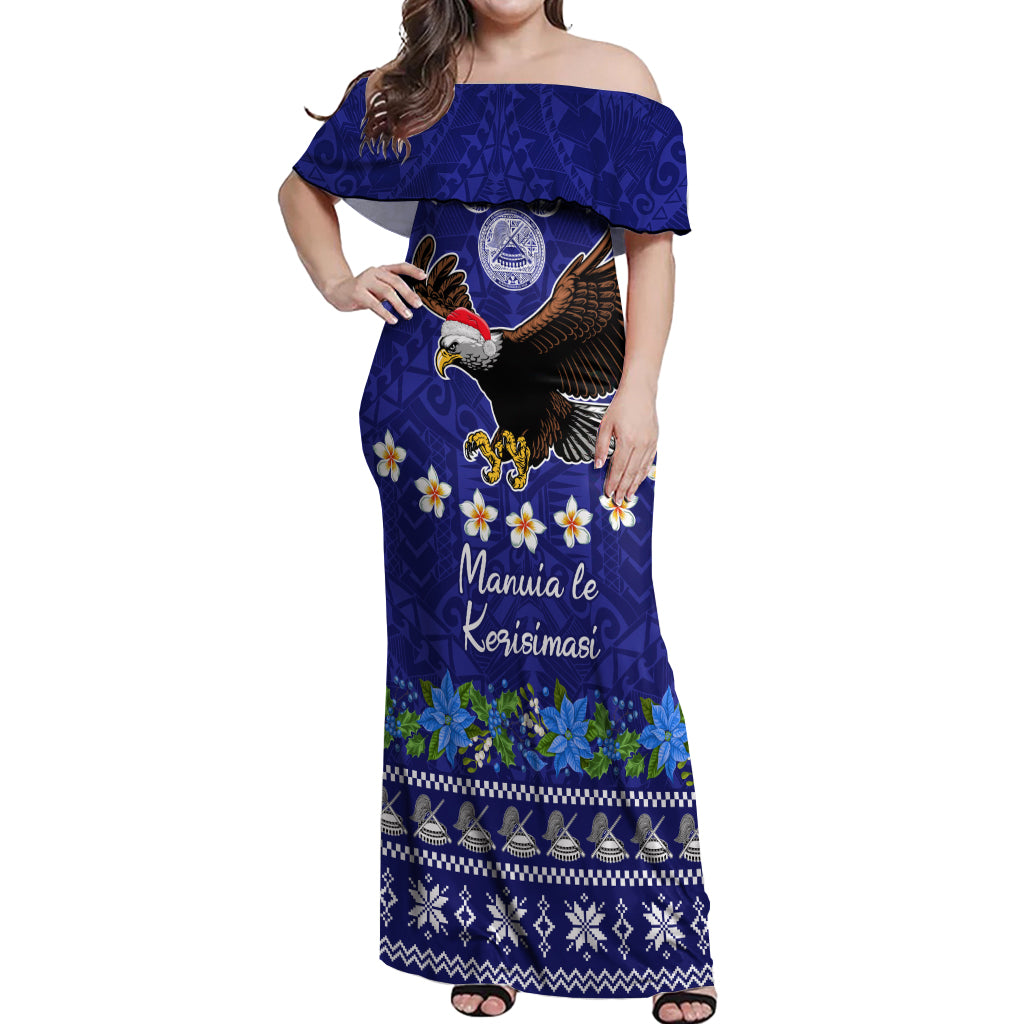 Personalised American Samoa Christmas Off Shoulder Maxi Dress Manuia le Kerisimasi Polynesian Tribal LT9 Women Blue - Polynesian Pride