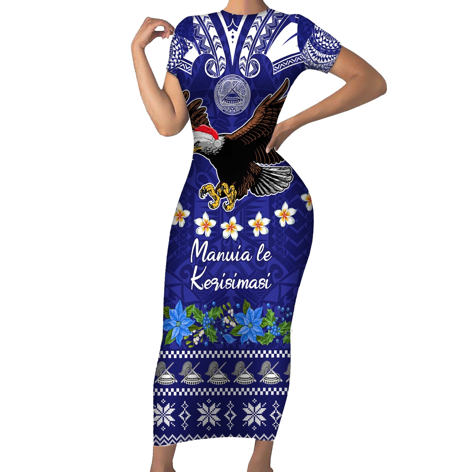 Personalised American Samoa Christmas Short Sleeve Bodycon Dress Manuia le Kerisimasi Polynesian Tribal LT9 Long Dress Blue - Polynesian Pride
