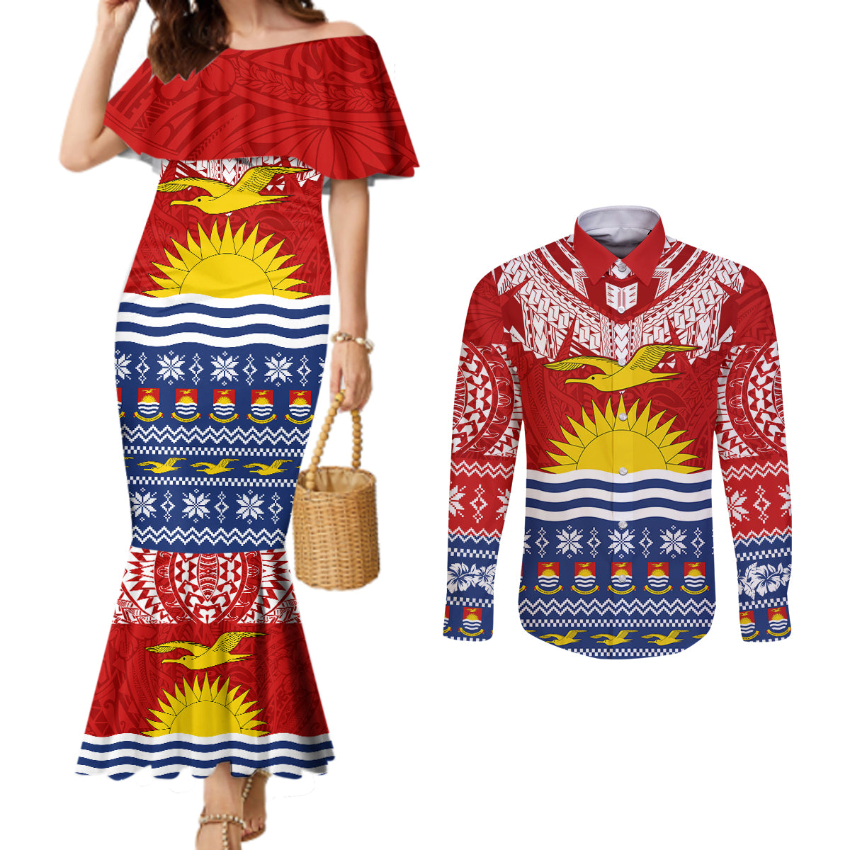 Kiribati Christmas Couples Matching Mermaid Dress and Long Sleeve Button Shirt Tekeraoi n Te Tiritimati Polynesian Tribal LT9 Red - Polynesian Pride