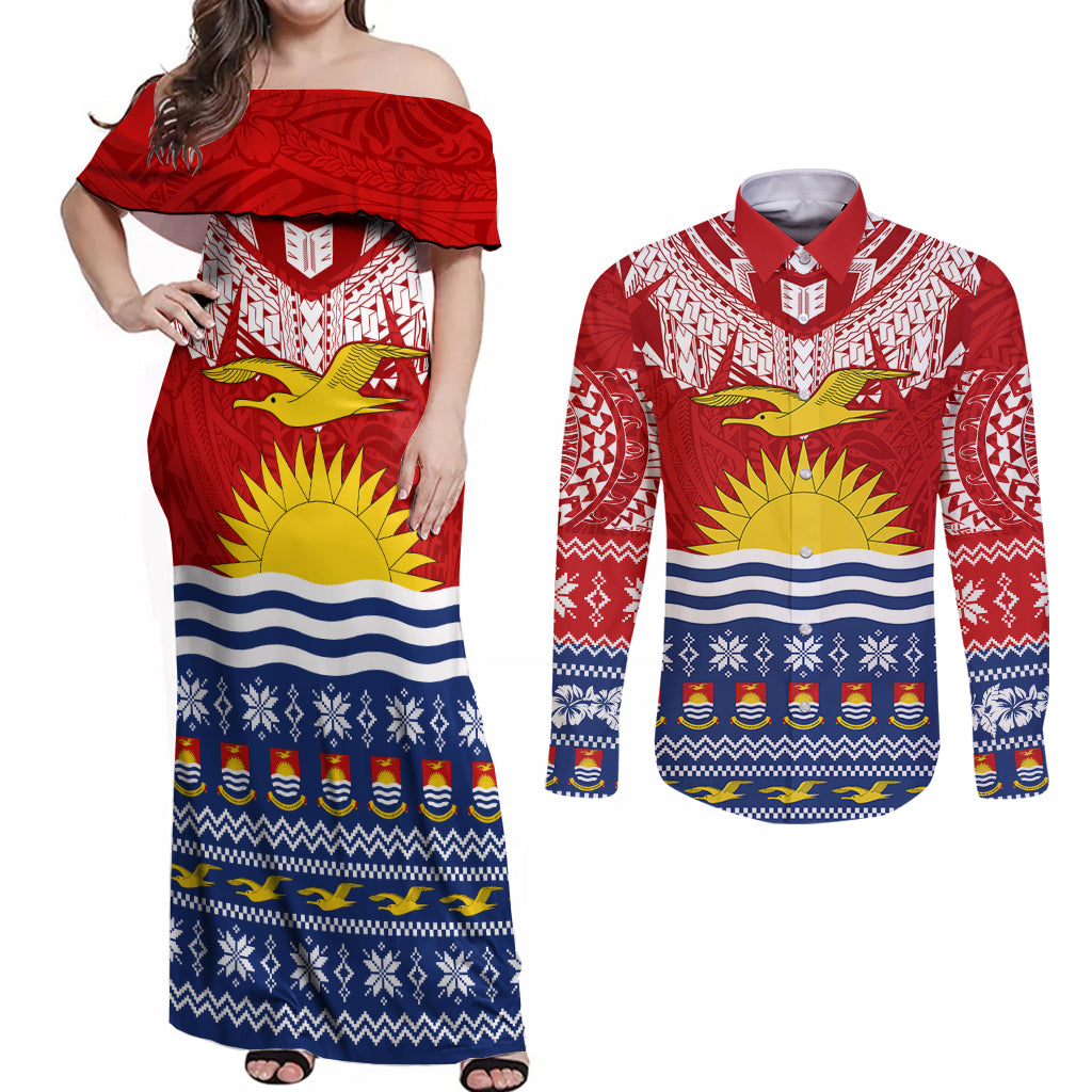 Kiribati Christmas Couples Matching Off Shoulder Maxi Dress and Long Sleeve Button Shirt Tekeraoi n Te Tiritimati Polynesian Tribal LT9 Red - Polynesian Pride