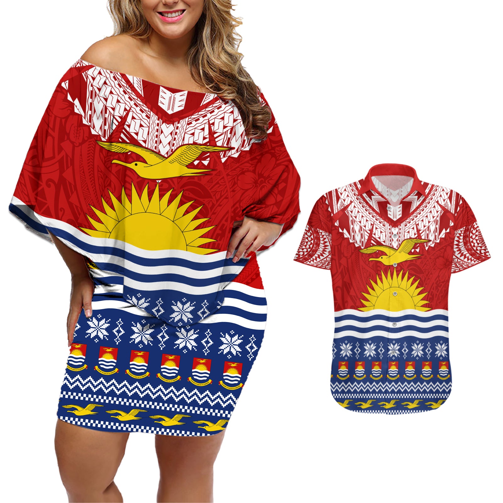 Kiribati Christmas Couples Matching Off Shoulder Short Dress and Hawaiian Shirt Tekeraoi n Te Tiritimati Polynesian Tribal LT9 Red - Polynesian Pride