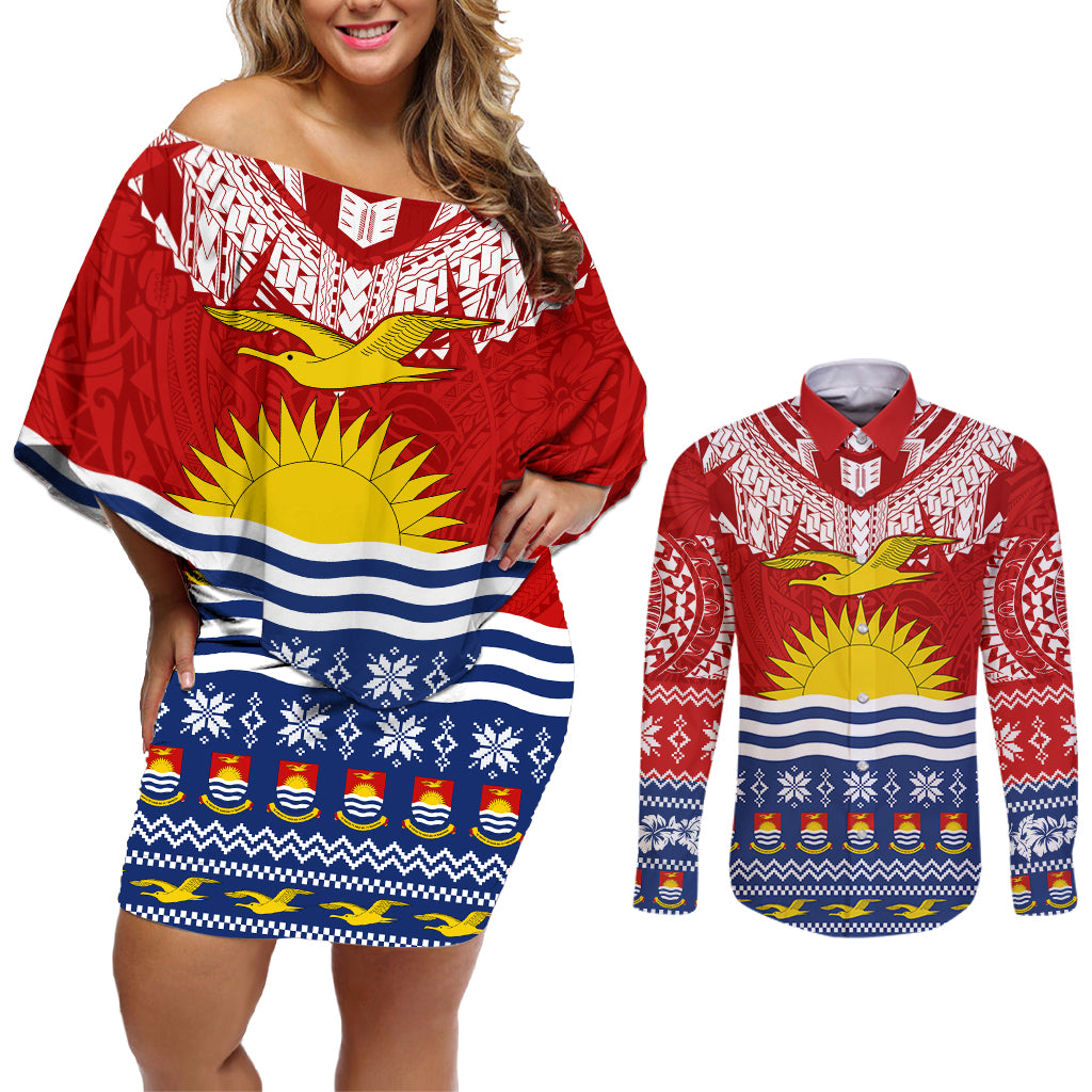 Kiribati Christmas Couples Matching Off Shoulder Short Dress and Long Sleeve Button Shirt Tekeraoi n Te Tiritimati Polynesian Tribal LT9 Red - Polynesian Pride