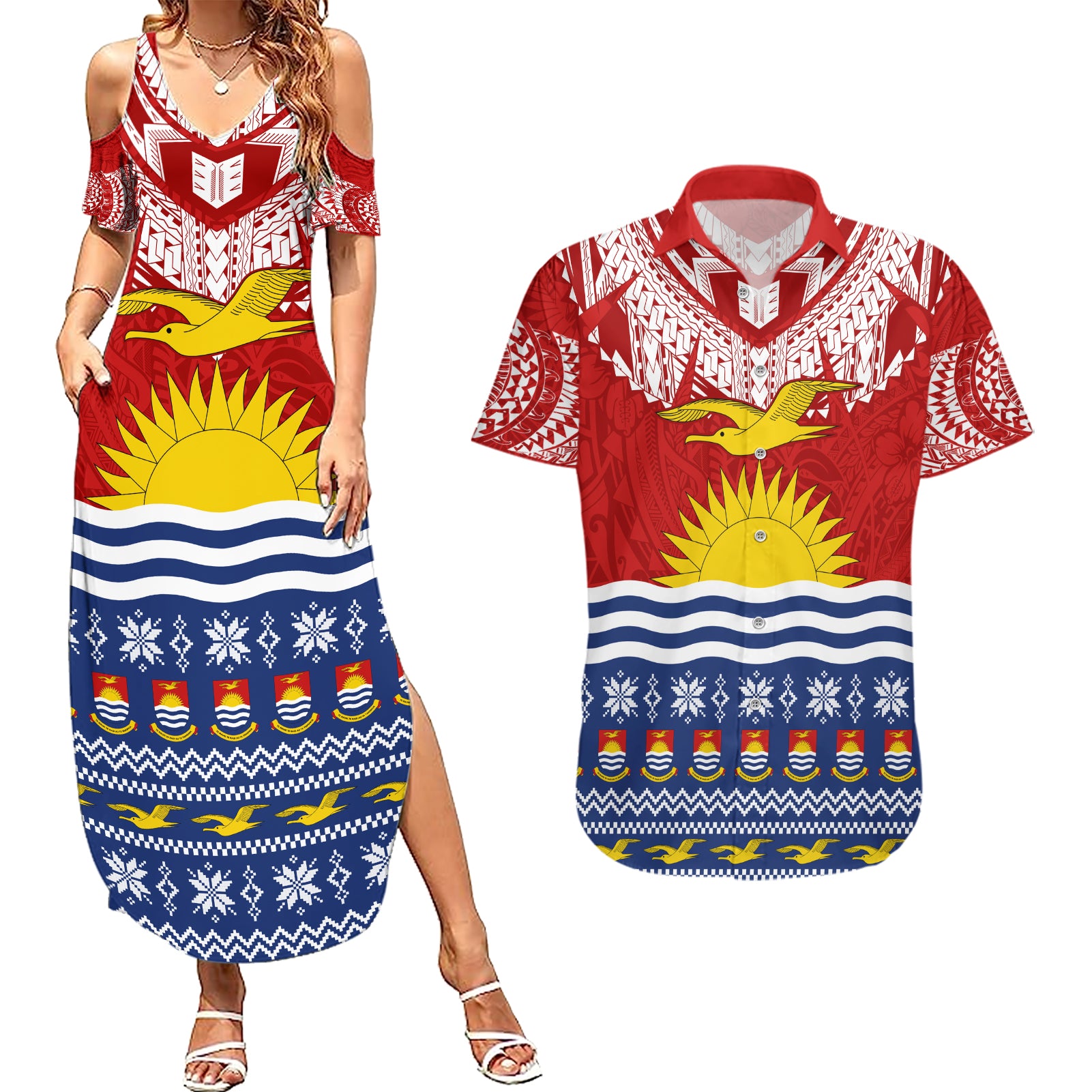 Kiribati Christmas Couples Matching Summer Maxi Dress and Hawaiian Shirt Tekeraoi n Te Tiritimati Polynesian Tribal LT9 Red - Polynesian Pride