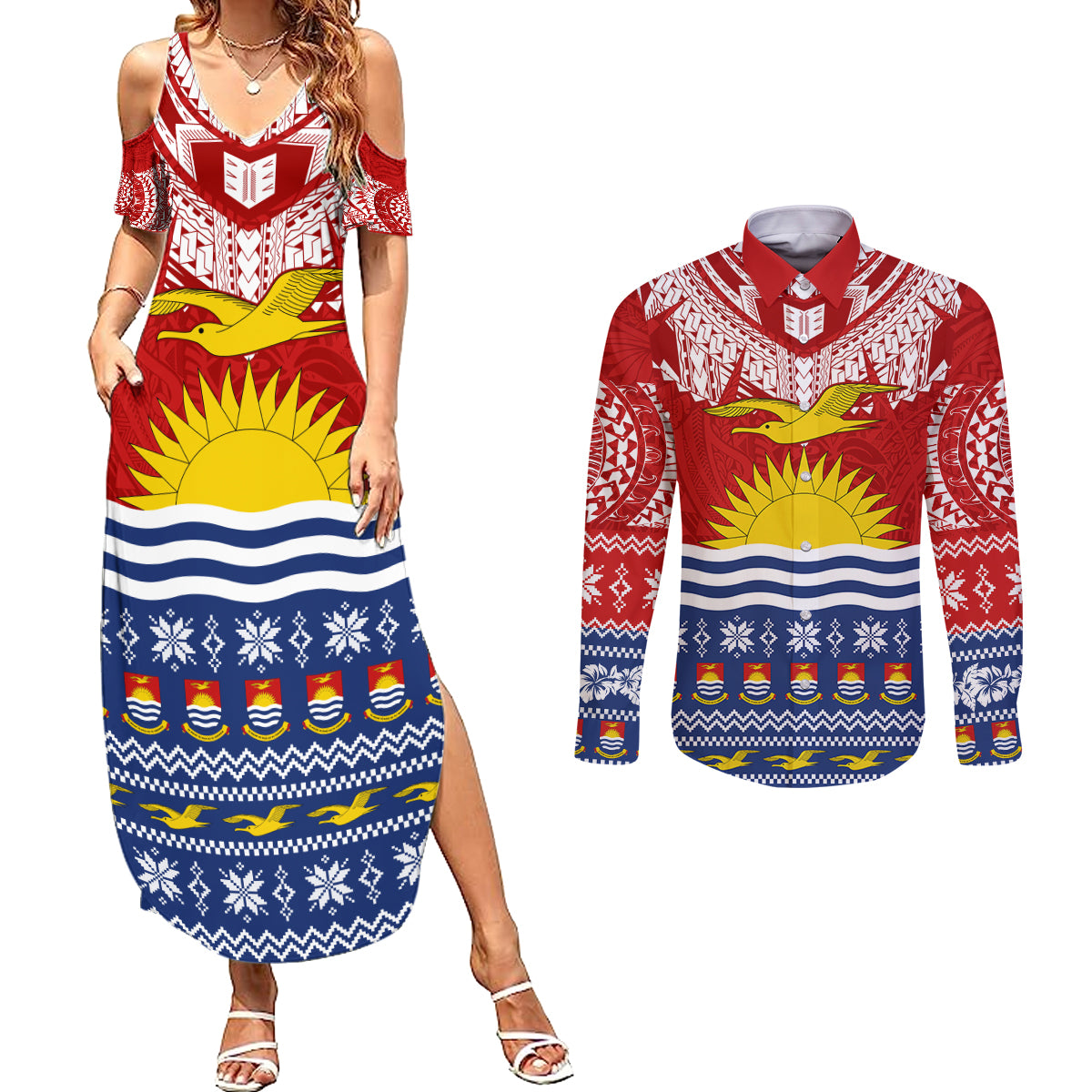 Kiribati Christmas Couples Matching Summer Maxi Dress and Long Sleeve Button Shirt Tekeraoi n Te Tiritimati Polynesian Tribal LT9 Red - Polynesian Pride