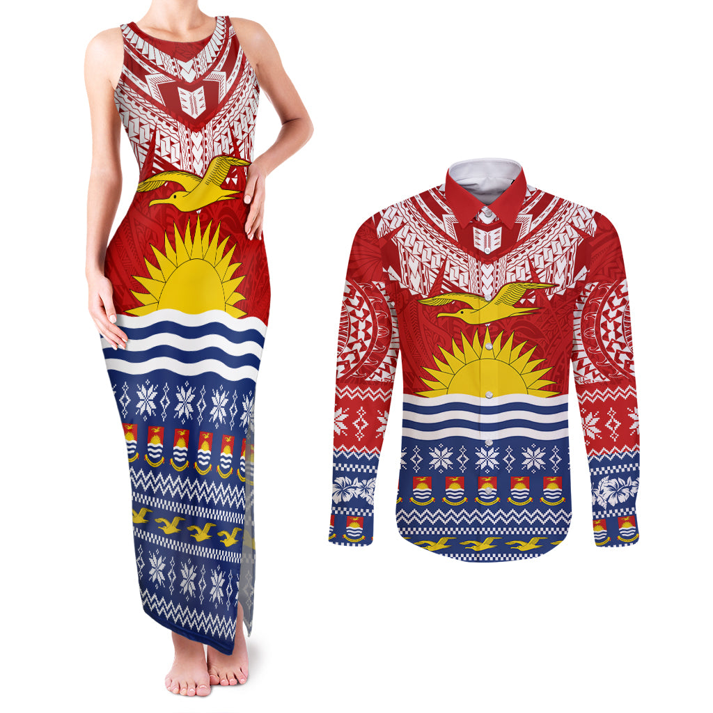 Kiribati Christmas Couples Matching Tank Maxi Dress and Long Sleeve Button Shirt Tekeraoi n Te Tiritimati Polynesian Tribal LT9 Red - Polynesian Pride