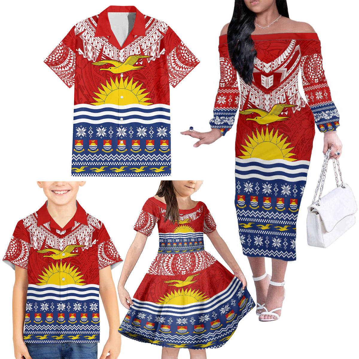 Kiribati Christmas Family Matching Off Shoulder Long Sleeve Dress and Hawaiian Shirt Tekeraoi n Te Tiritimati Polynesian Tribal LT9 - Polynesian Pride