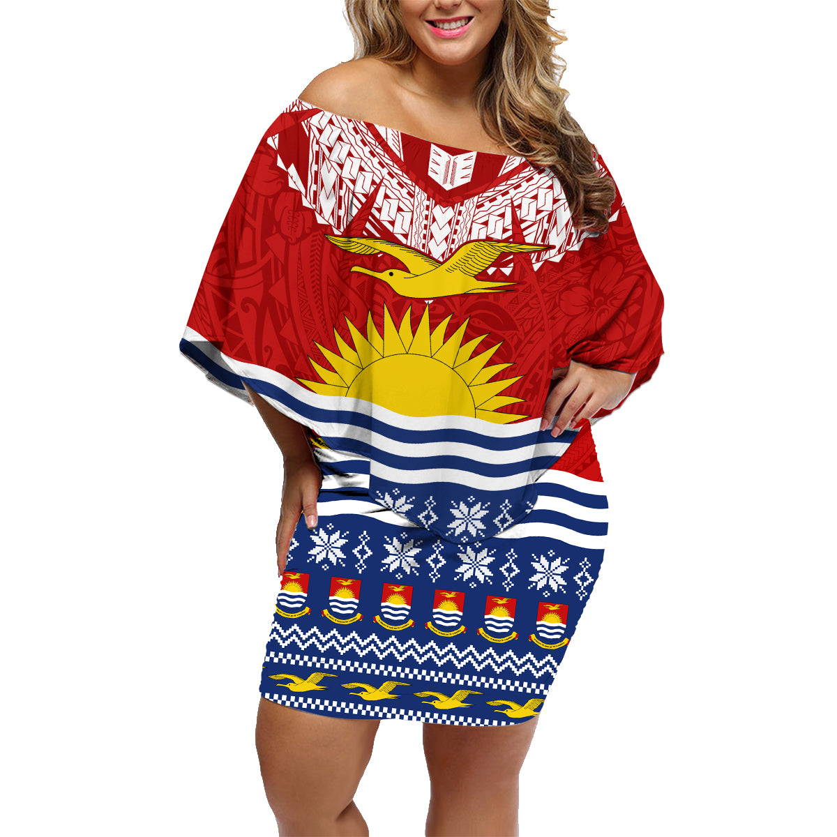 Kiribati Christmas Family Matching Off Shoulder Short Dress and Hawaiian Shirt Tekeraoi n Te Tiritimati Polynesian Tribal LT9 Mom's Dress Red - Polynesian Pride