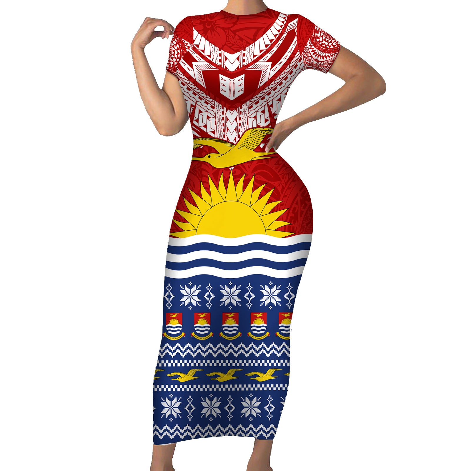 Kiribati Christmas Short Sleeve Bodycon Dress Tekeraoi n Te Tiritimati Polynesian Tribal LT9 Long Dress Red - Polynesian Pride