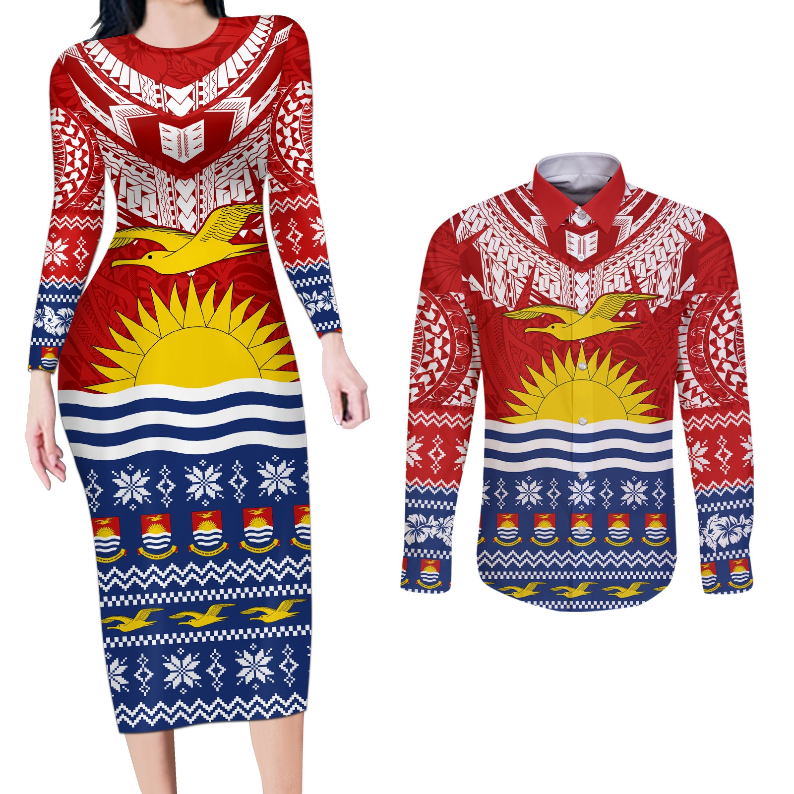 Personalised Kiribati Christmas Couples Matching Long Sleeve Bodycon Dress and Long Sleeve Button Shirt Tekeraoi n Te Tiritimati Polynesian Tribal LT9 Red - Polynesian Pride