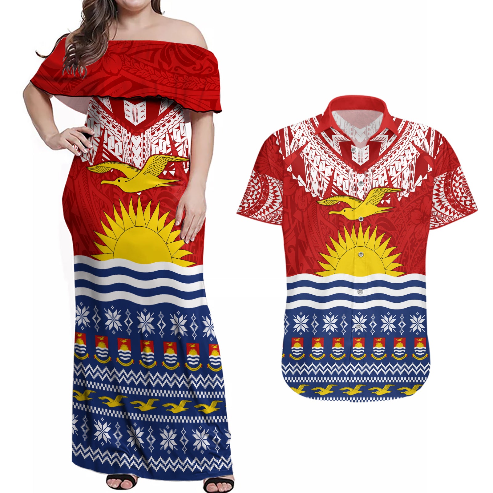 Personalised Kiribati Christmas Couples Matching Off Shoulder Maxi Dress and Hawaiian Shirt Tekeraoi n Te Tiritimati Polynesian Tribal LT9 Red - Polynesian Pride