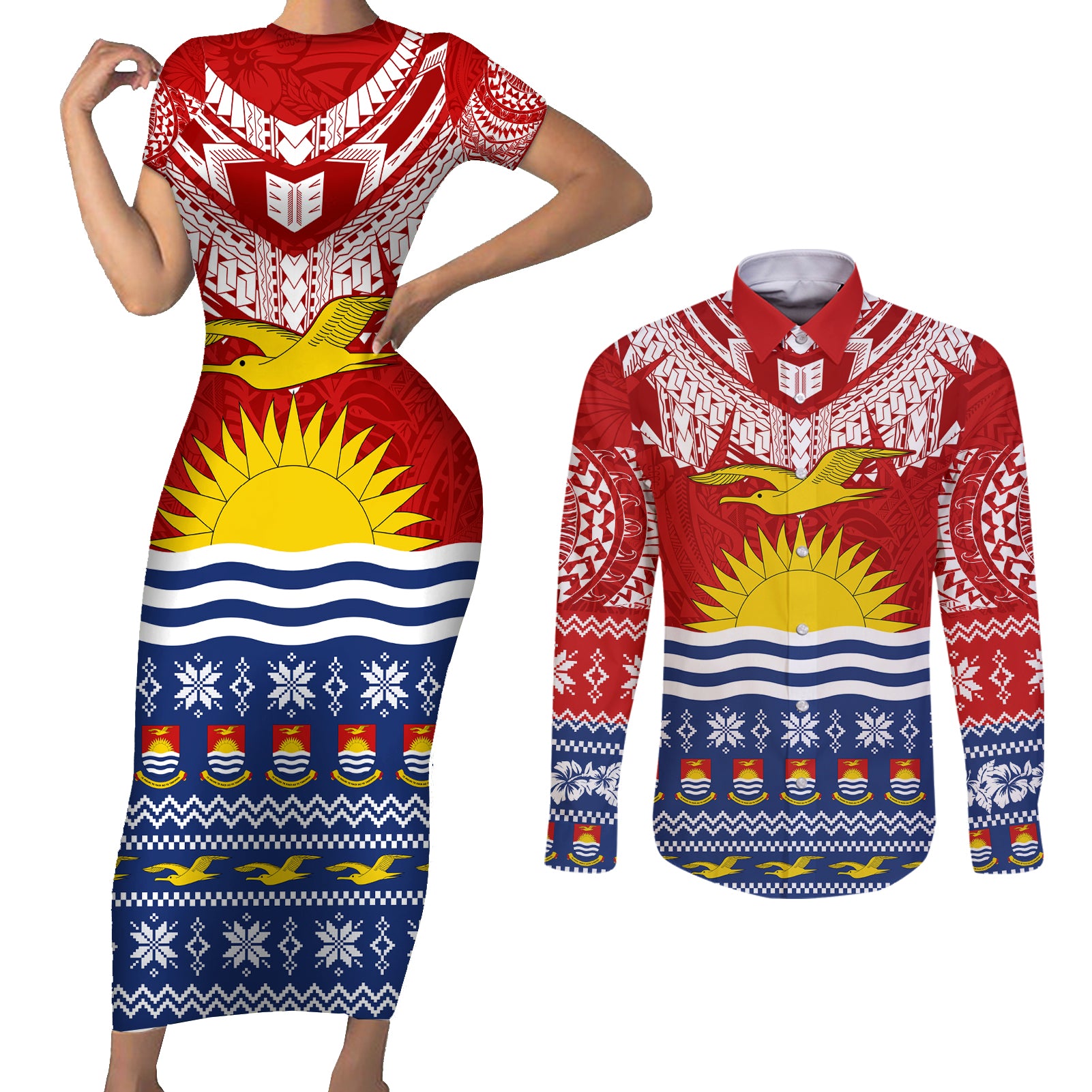 Personalised Kiribati Christmas Couples Matching Short Sleeve Bodycon Dress and Long Sleeve Button Shirt Tekeraoi n Te Tiritimati Polynesian Tribal LT9 Red - Polynesian Pride