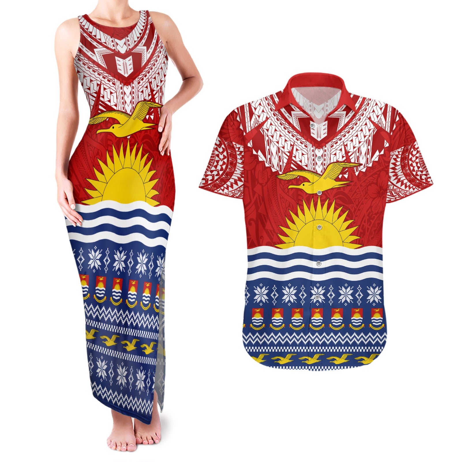 Personalised Kiribati Christmas Couples Matching Tank Maxi Dress and Hawaiian Shirt Tekeraoi n Te Tiritimati Polynesian Tribal LT9 Red - Polynesian Pride