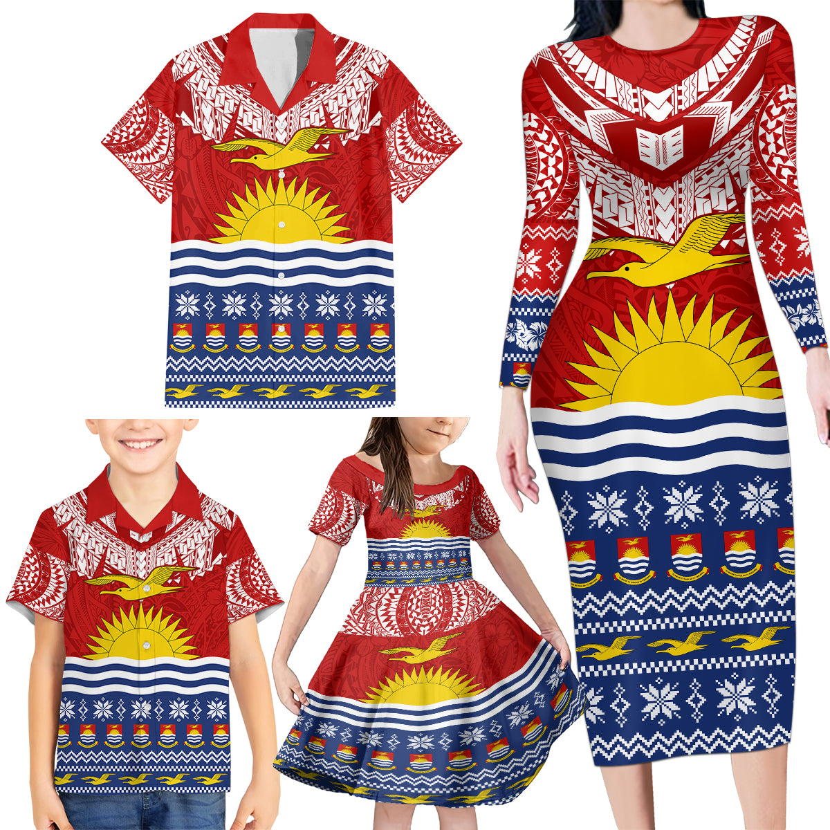 Personalised Kiribati Christmas Family Matching Long Sleeve Bodycon Dress and Hawaiian Shirt Tekeraoi n Te Tiritimati Polynesian Tribal LT9 - Polynesian Pride