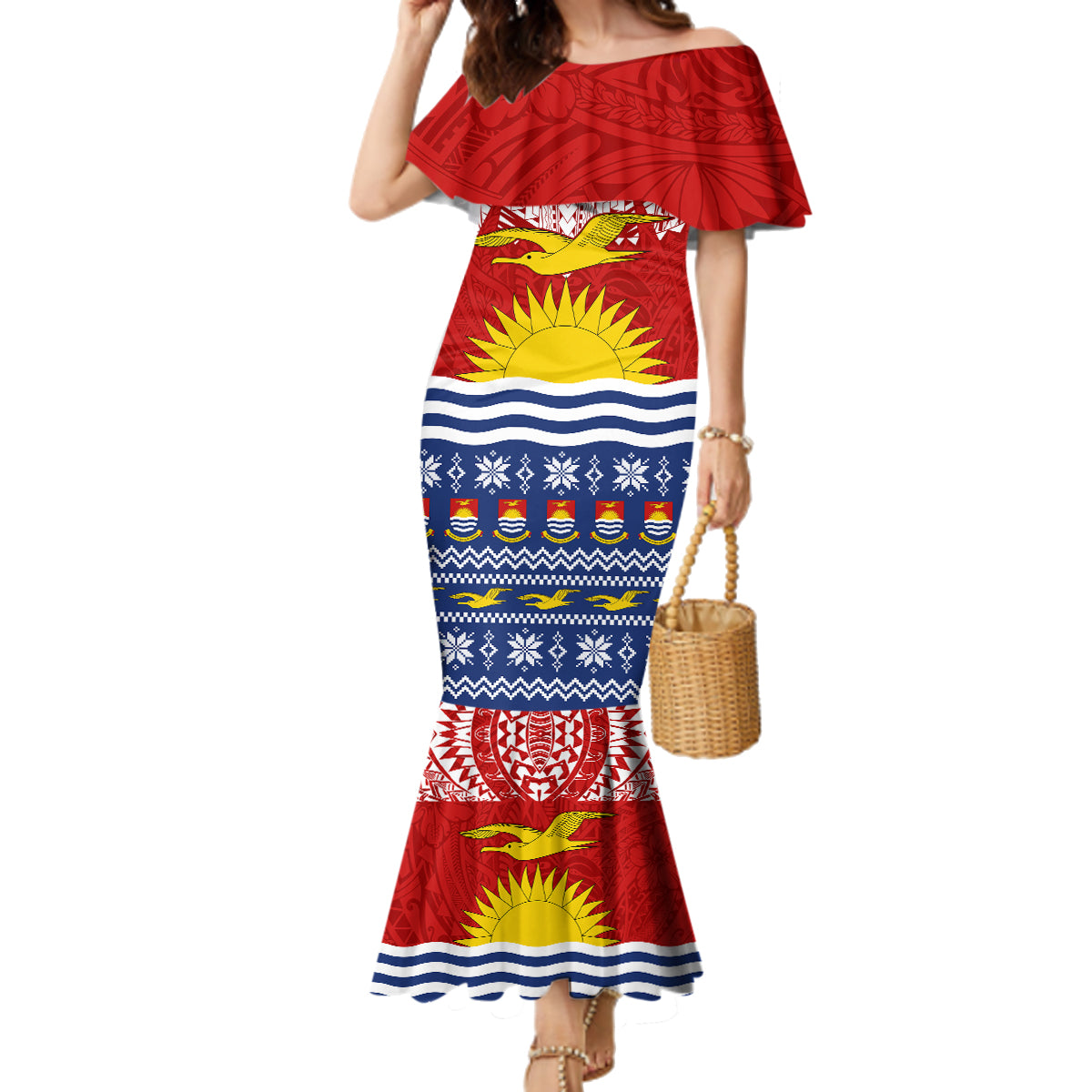 Personalised Kiribati Christmas Family Matching Mermaid Dress and Hawaiian Shirt Tekeraoi n Te Tiritimati Polynesian Tribal LT9 Mom's Dress Red - Polynesian Pride