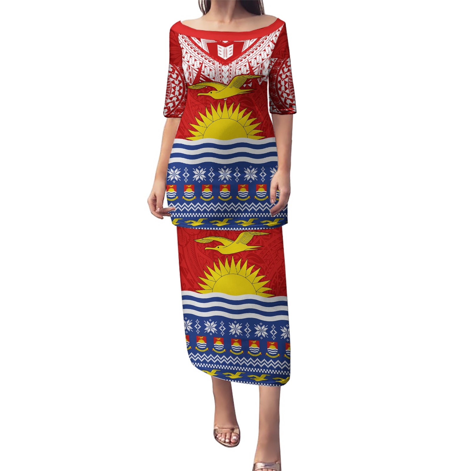 Personalised Kiribati Christmas Puletasi Tekeraoi n Te Tiritimati Polynesian Tribal LT9 Long Dress Red - Polynesian Pride