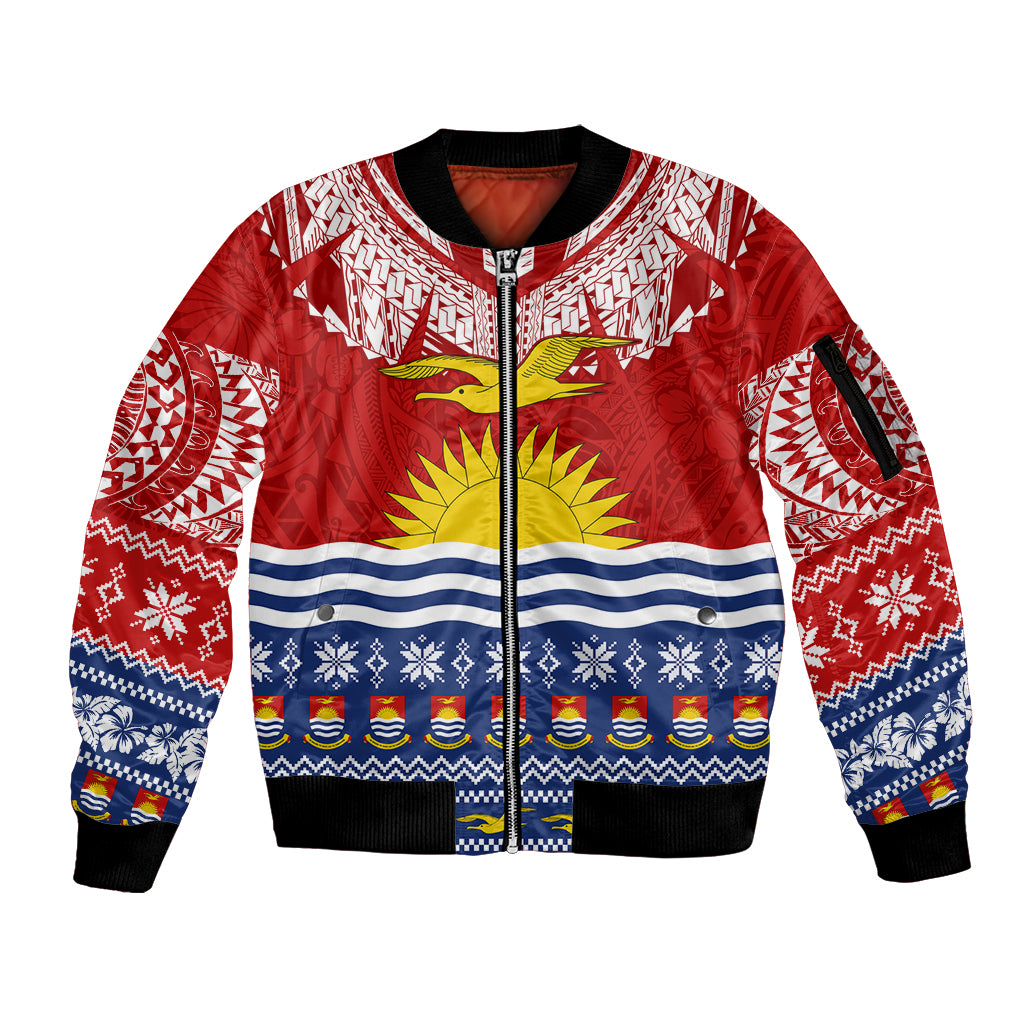 Personalised Kiribati Christmas Sleeve Zip Bomber Jacket Tekeraoi n Te Tiritimati Polynesian Tribal LT9 Unisex Red - Polynesian Pride