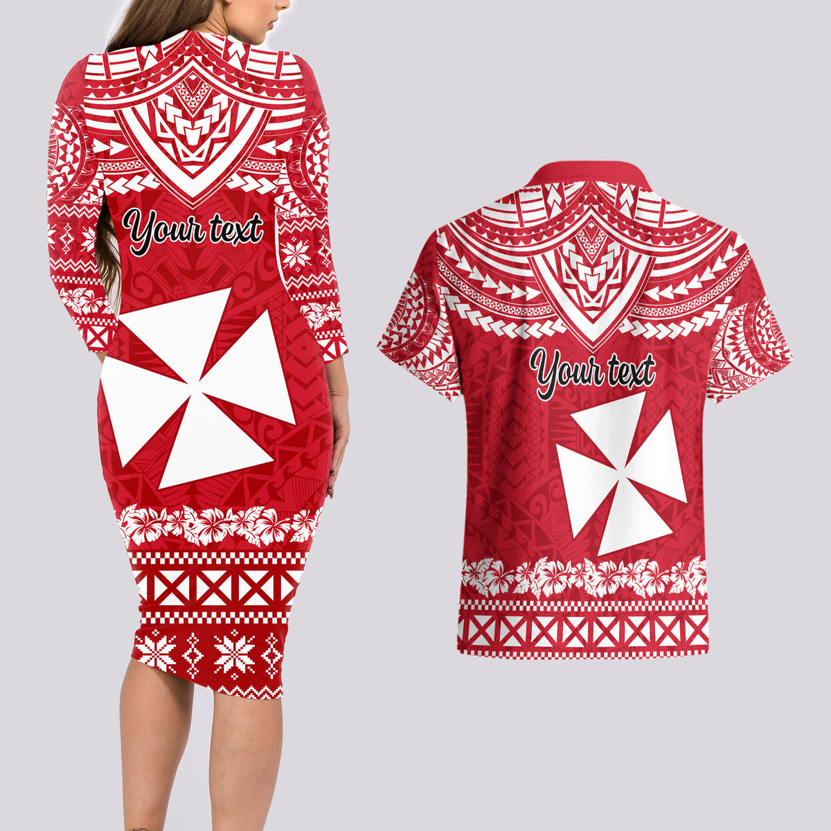 Personalised Wallis and Futuna Christmas Couples Matching Long Sleeve Bodycon Dress and Hawaiian Shirt Polynesian Tribal LT9 - Polynesian Pride