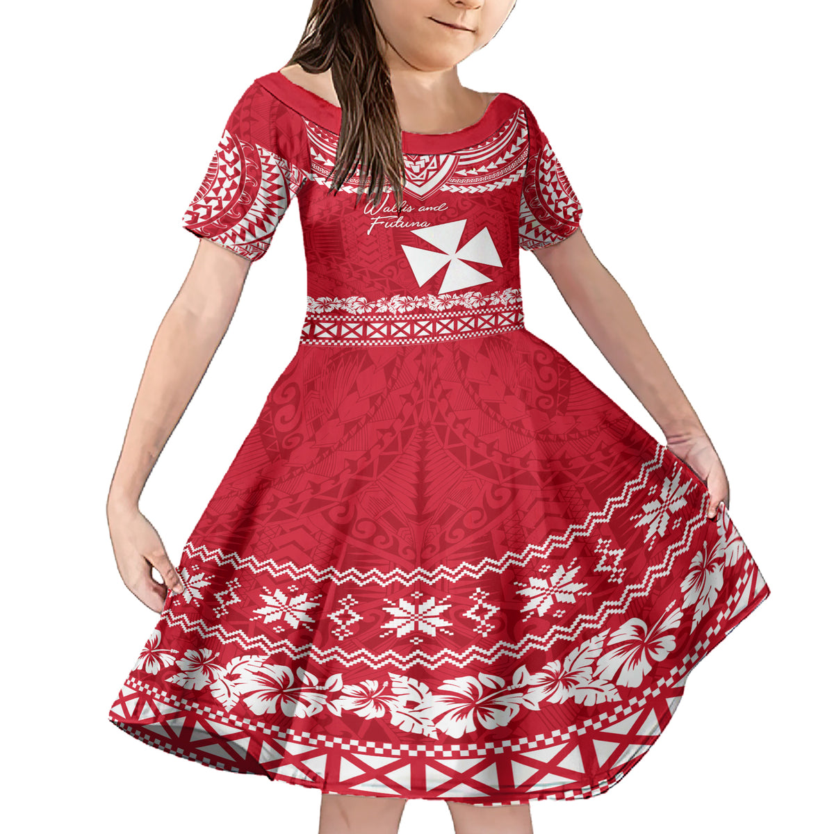 Personalised Wallis and Futuna Christmas Family Matching Short Sleeve Bodycon Dress and Hawaiian Shirt Polynesian Tribal LT9 Daughter's Dress Red - Polynesian Pride