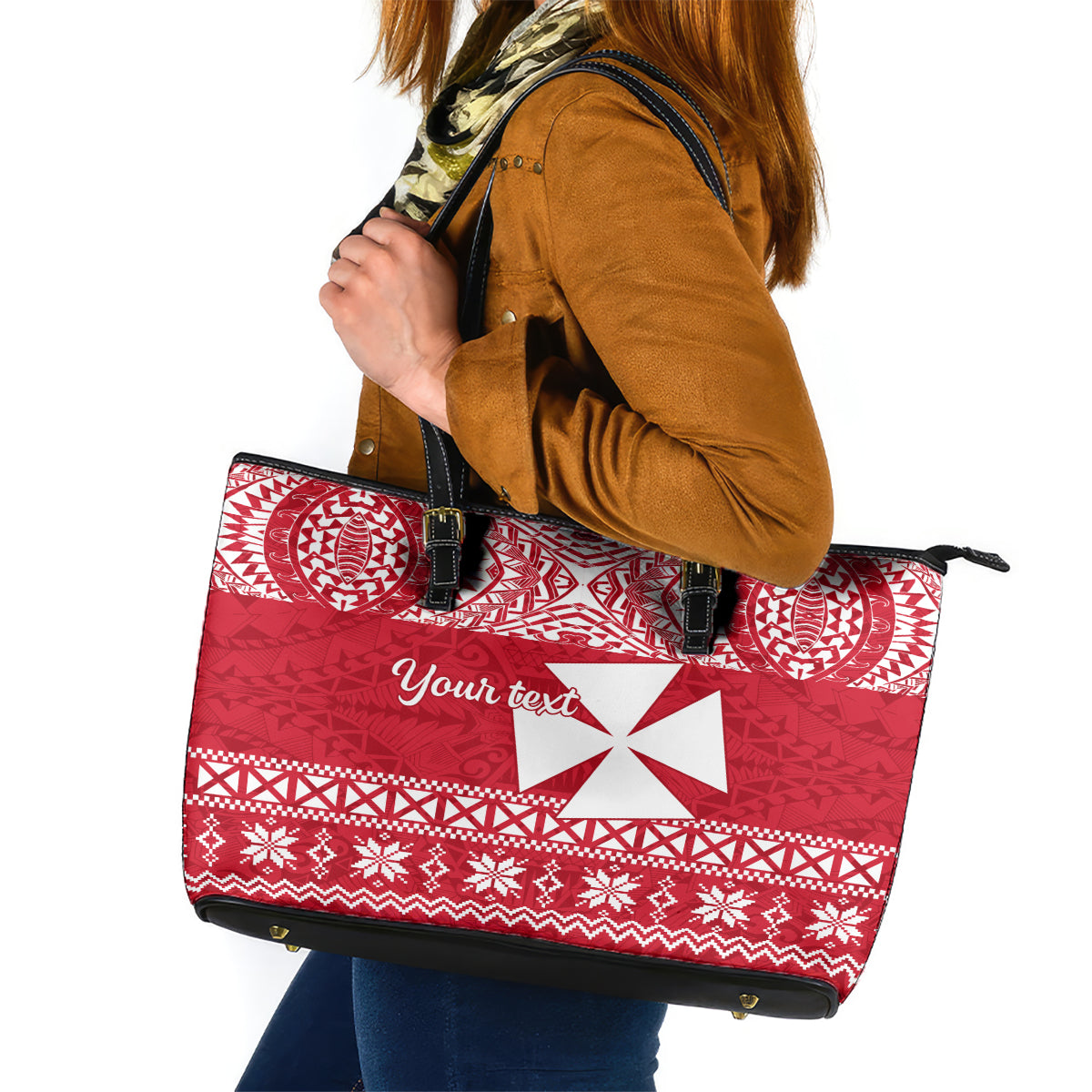 Personalised Wallis and Futuna Christmas Leather Tote Bag Polynesian Tribal LT9 Red - Polynesian Pride