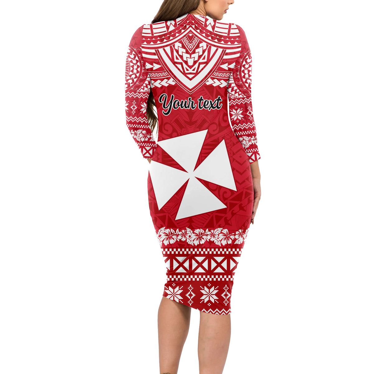 Personalised Wallis and Futuna Christmas Long Sleeve Bodycon Dress Polynesian Tribal LT9 - Polynesian Pride