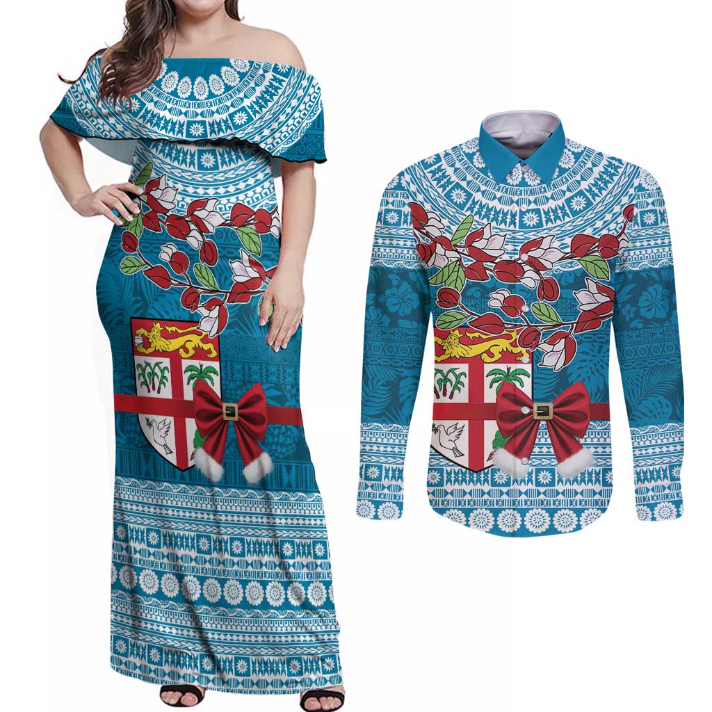 Fijian Tagimoucia Flowers Couples Matching Off Shoulder Maxi Dress and Long Sleeve Button Shirt Christmas Coquette bow