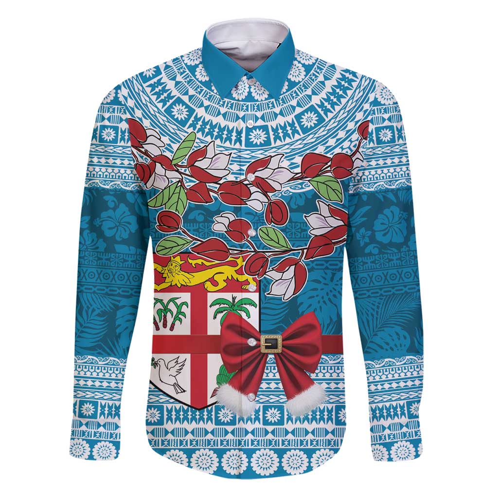 Fijian Tagimoucia Flowers Family Matching Puletasi and Hawaiian Shirt Christmas Coquette bow LT9 Dad's Shirt - Long Sleeve Blue - Polynesian Pride