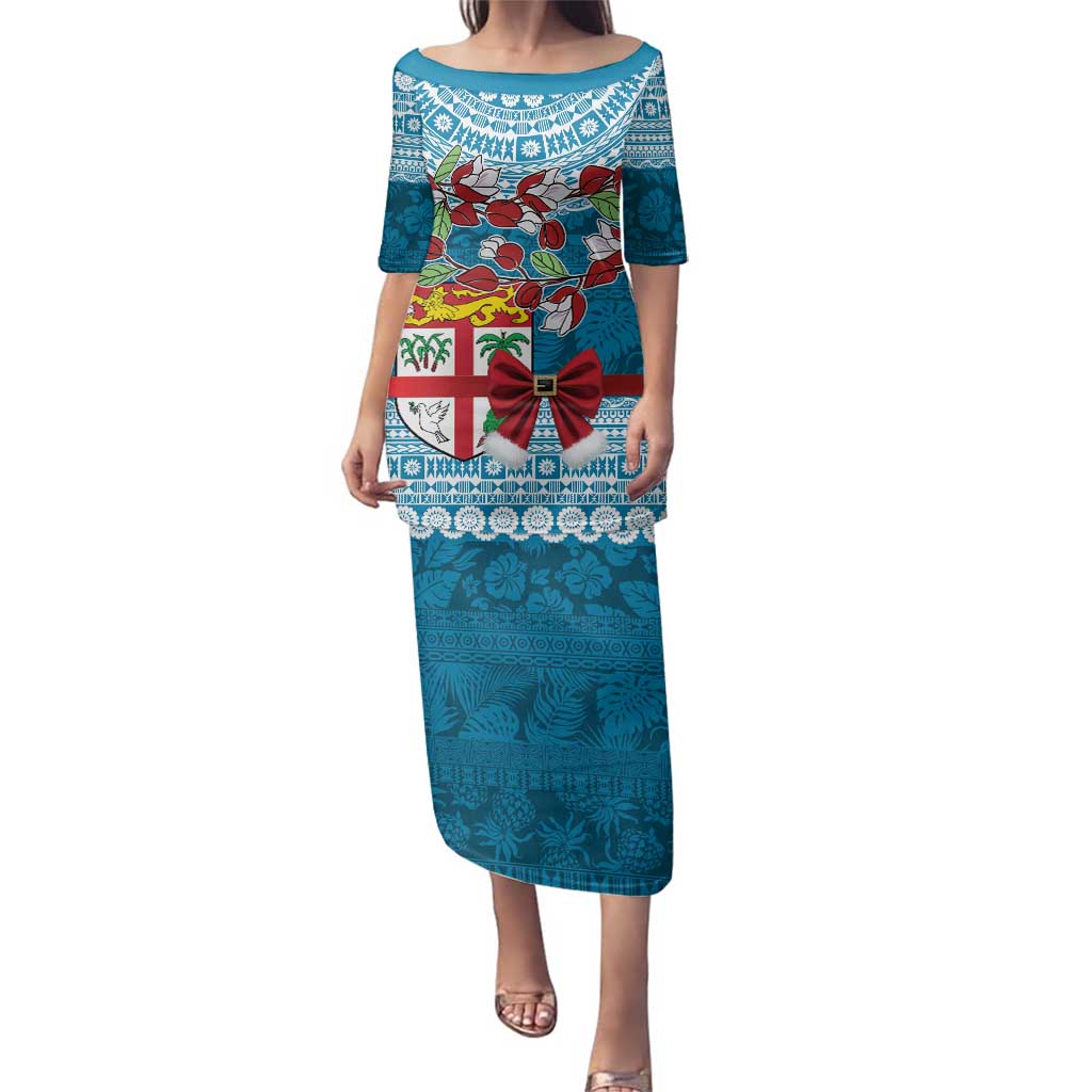 Fijian Tagimoucia Flowers Family Matching Puletasi and Hawaiian Shirt Christmas Coquette bow LT9 Mom's Dress Blue - Polynesian Pride