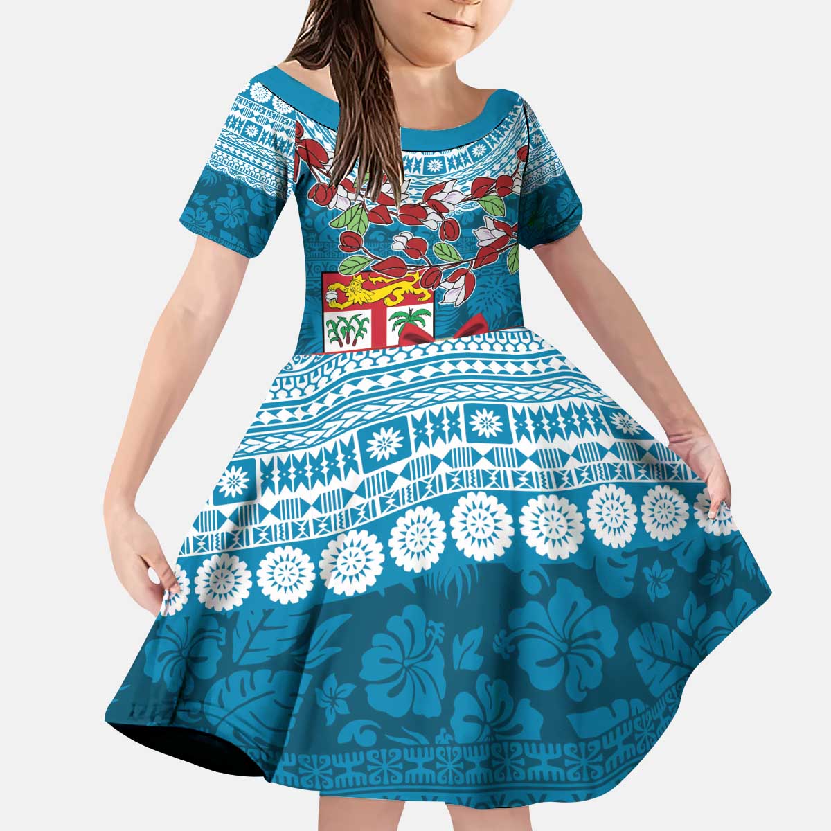 Fijian Tagimoucia Flowers Kid Short Sleeve Dress Christmas Coquette bow LT9 KID Blue - Polynesian Pride