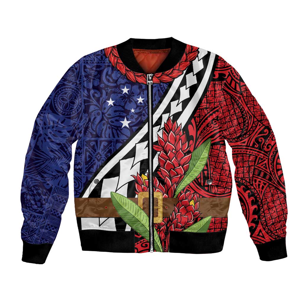 Samoan Ula Fala Flowers Bomber Jacket Christmas Santa Belt