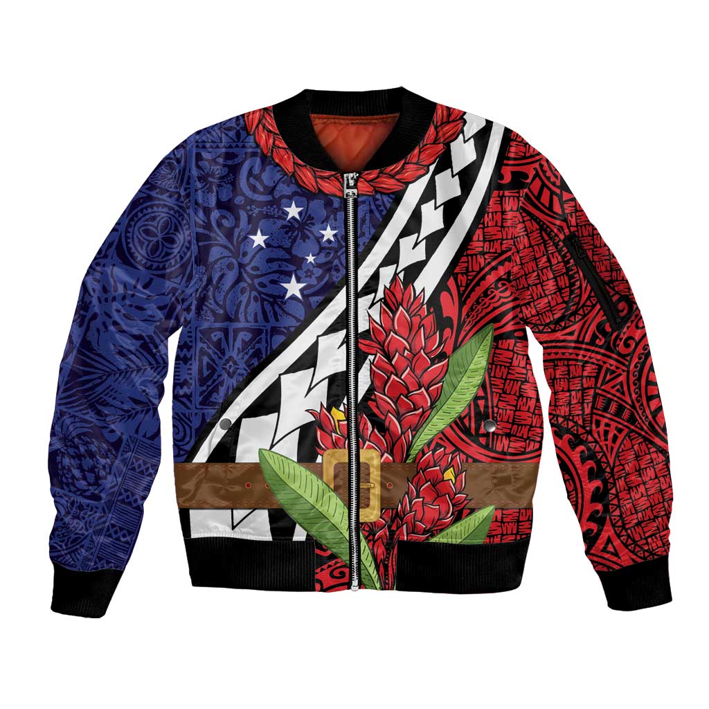 Samoan Ula Fala Flowers Sleeve Zip Bomber Jacket Christmas Santa Belt