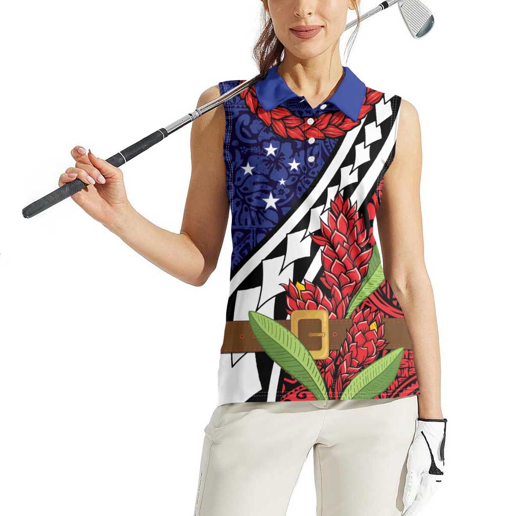 Samoan Ula Fala Flowers Women Sleeveless Polo Shirt Christmas Santa Belt