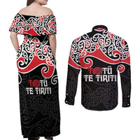 Aotearoa Toitu Te Tiriti Couples Matching Off Shoulder Maxi Dress and Long Sleeve Button Shirt New Zealand Stand Together Stand Stronger