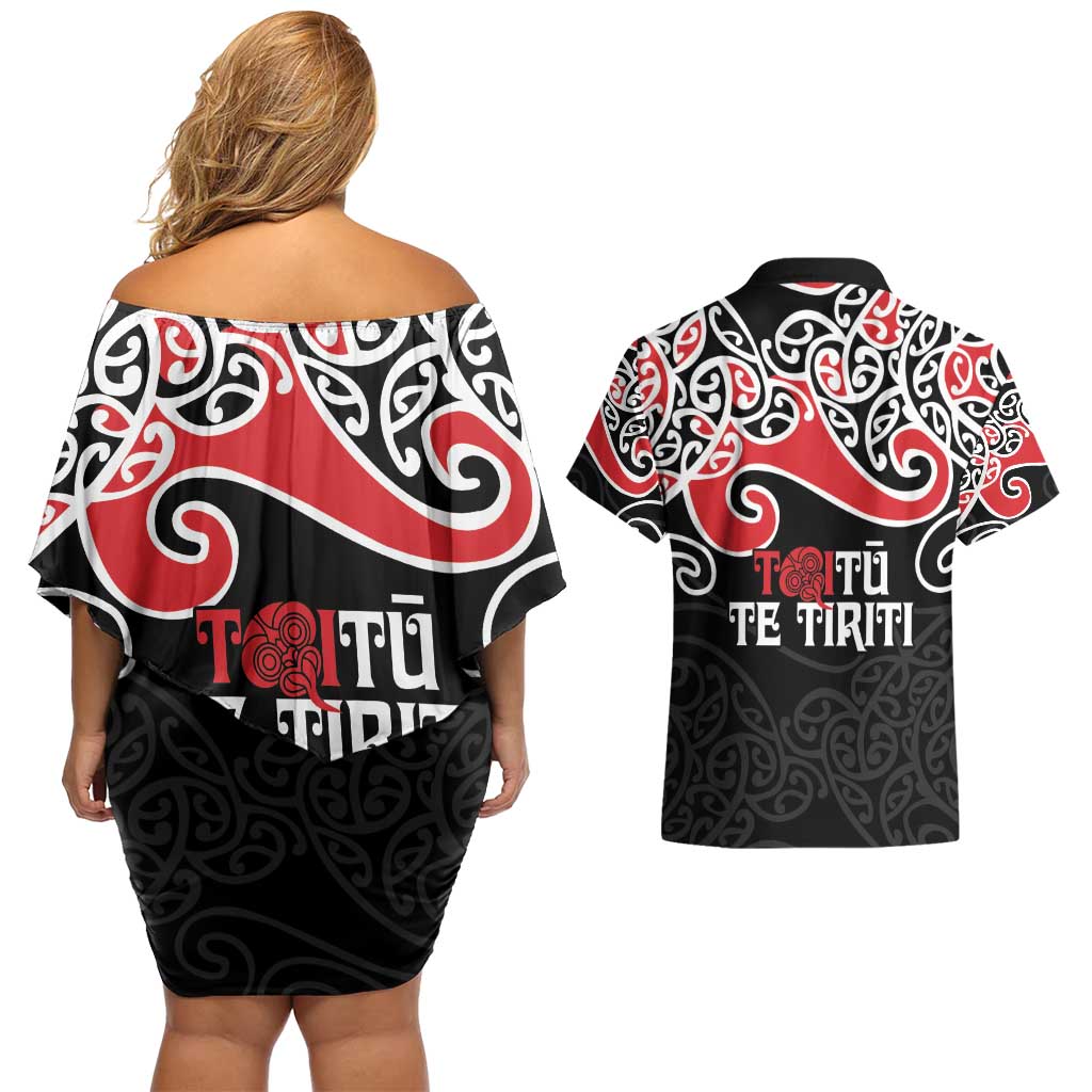 Aotearoa Toitu Te Tiriti Couples Matching Off Shoulder Short Dress and Hawaiian Shirt New Zealand Stand Together Stand Stronger