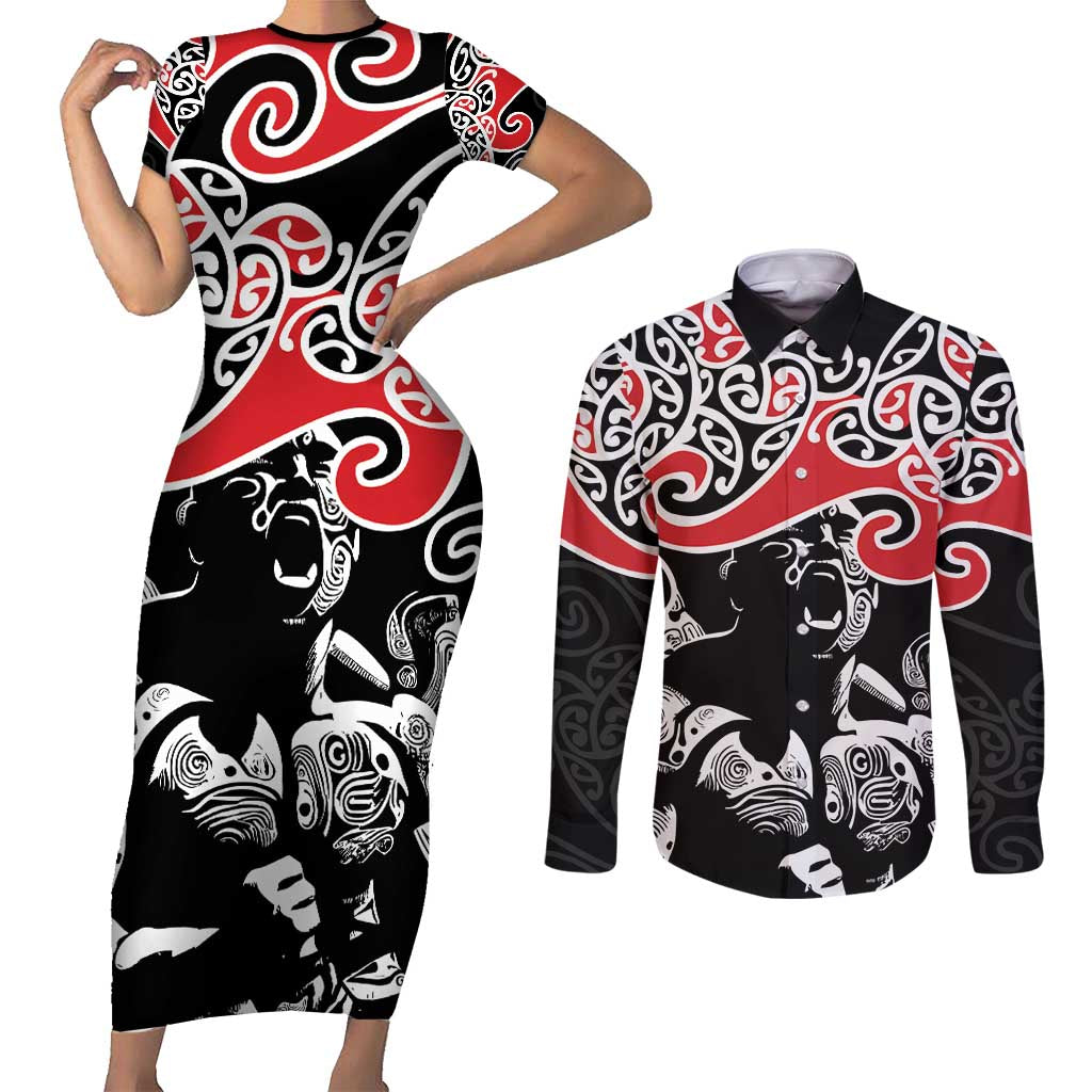 Aotearoa Toitu Te Tiriti Couples Matching Short Sleeve Bodycon Dress and Long Sleeve Button Shirt New Zealand Stand Together Stand Stronger