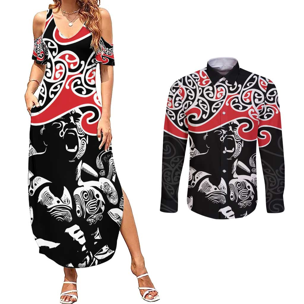 Aotearoa Toitu Te Tiriti Couples Matching Summer Maxi Dress and Long Sleeve Button Shirt New Zealand Stand Together Stand Stronger